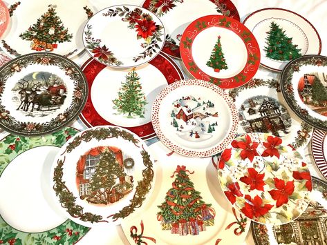 Christmas Plates  Mismatched china  porcelain dishes  new vintage, mix and match. Side, Salad, Dessert Plates, Holiday Wedding (6-7) Christmas Theme Plates, Vintage Christmas Dishes, Vintage Christmas Plates, Mismatched Plates Table Setting, Christmas China Patterns, Nail Embellishments, Mismatched Plates, Holiday China, Porcelain Dishes