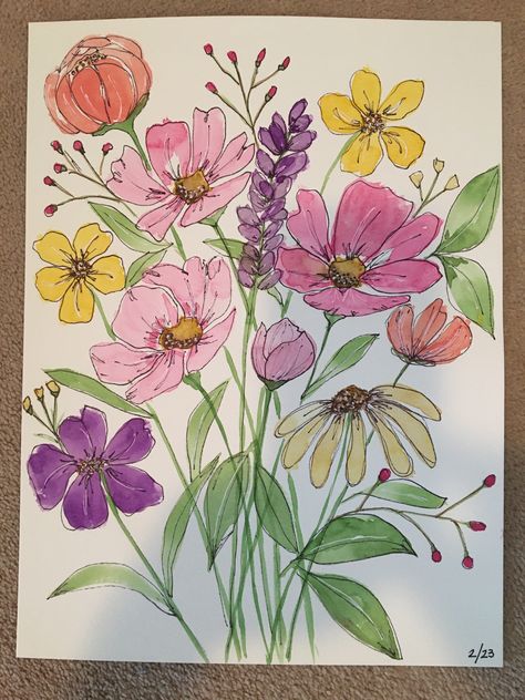 Flower Drawing Design Pattern, Colourful Flowers Drawing, Different Flowers Drawings, Flower Arrangement Drawing, Flower Drawings Step By Step, Marker Art Flowers, Nature Art Projects, Waterpaint Art, Wild Flowers Drawing