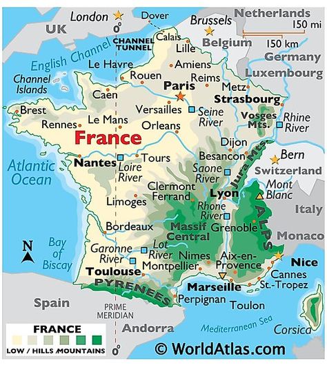 Physical Map of France France Facts, Africa Tattoo, Facts About France, Map Of France, Bay Of Biscay, Regions Of France, Physical Map, Geography Map, France Map