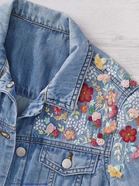 Sewing Bee Pattern, Knitted Poppies, Denim Jacket Embroidery, Embroidery Jeans Jacket, Denim Embroidery, Sewing Bee, Flowers Embroidery, Embroidered Denim Jacket, Embroidery On Clothes