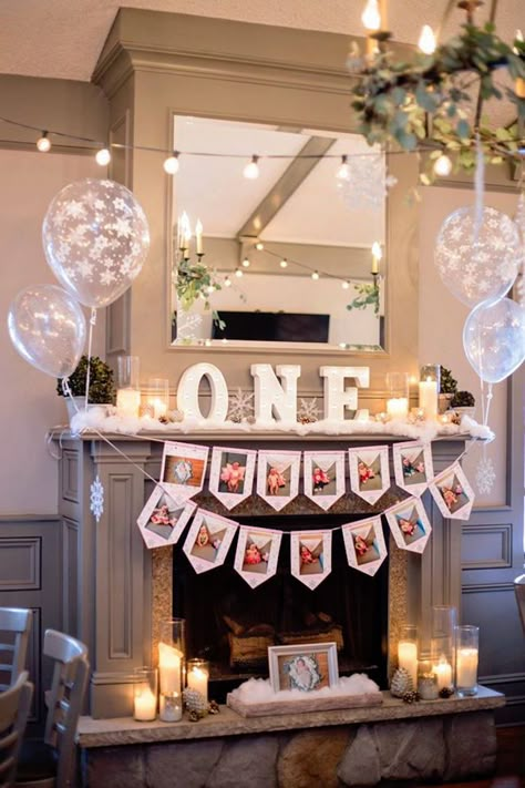 First-year photo banner, decor and bunting from a Winter ONEderland First Birthday Party on Kara's Party Ideas | KarasPartyIdeas.com (4) Birthday Party Fireplace Decor, Fireplace Party Decorations, Winter Onederland Party Crafts, Birthday Party Mantle Decor, First Birthday Fireplace Decor, Winter 1 Derland Birthday Party, Mantle Birthday Decor, 1st Birthday Fireplace Decor, Birthday Mantel Decor