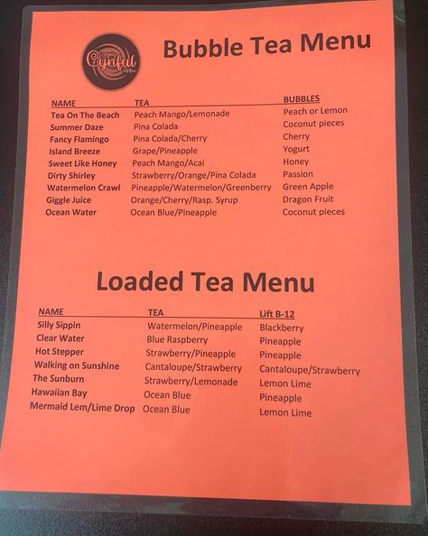 Lemonade Menu, Bubble Tea Menu, Mango Lemonade, Shop Name Ideas, Drink Names, Mobile Coffee Shop, Loaded Teas, Fancy Flamingo, Mobile Coffee