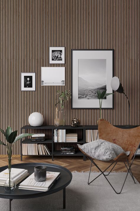 Acoustic wood slat panels in the prefinished stain/colour Limewash in a lounge space Limewash Walls, Sophisticated Interior, Wood Slat Wall, Wood Interior Design, Wood Interiors, Slat Wall, Acoustic Panels, Wood Slats, Home Decor Tips