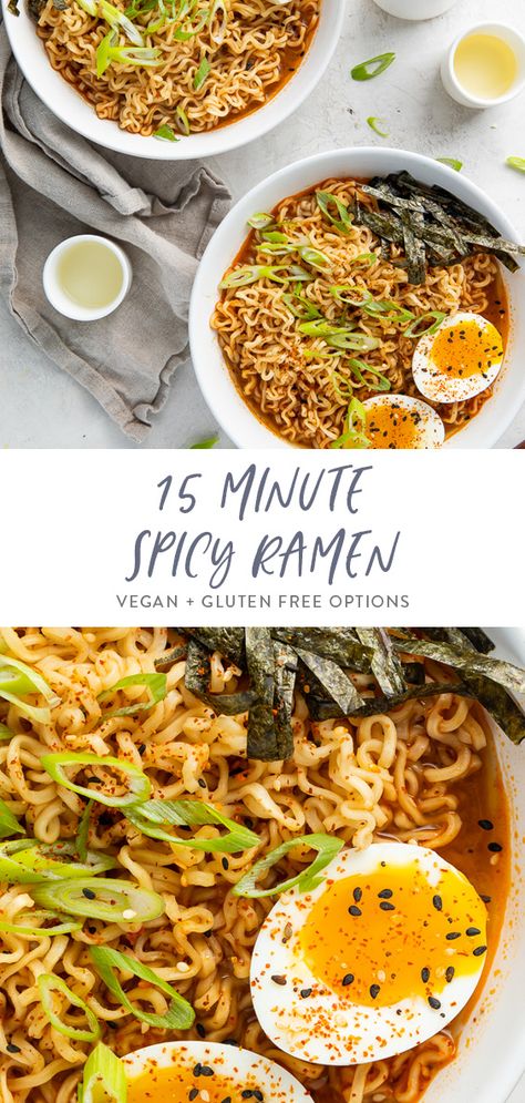 This spicy ramen is made in just about 15 minutes with a soy-ginger broth that’s perfectly spicy and savory. Perfect topped with soft boiled eggs, green onions, nori, or chicken, pork or tofu, it's an excellent and budget friendly lunch. Use basic ramen noodles or gluten free - talk about a ramen hack or upgrade! #asian #quick #easy #ramenhack #cheap Pok Choi, Ramen Spicy, Gluten Free Ramen, Ramen Toppings, 40 Aprons, Ramen Broth, Spicy Ramen, Ramen Noodle Recipes, Gluten Free Noodles