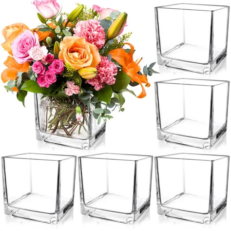 Small Table Flower Arrangements Simple, Landscaping Centerpieces, Wedding Floral Table Arrangements, Glass Table Centerpieces, Candle And Flower Centerpieces, Small Floral Centerpieces, Square Vase Centerpieces, Small Flower Centerpieces, 21st Birthday Centerpieces