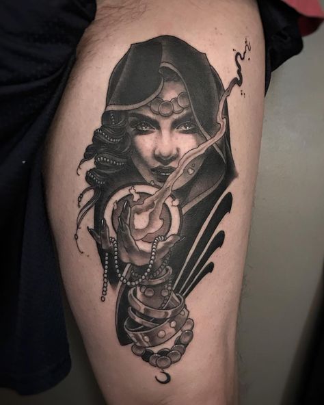 Photo by (justinhartmanart) on Instagram | #lady #witch #sorceress #threekingstattoo #eastvillage #blackandgreytattoo #blackandgrey #blackworkersubmission #blackworkers #neotraditionaltattoo #neotradsub #neotraditional #ntgallery #dohashtagswork #thightattoo #firebabe #flossin Tattoo Themes, Western Tattoos, Witch Tattoo, Magic Tattoo, Morticia Addams, Fortune Teller, Tattoo Styles, Thigh Tattoo, Black And Grey Tattoos