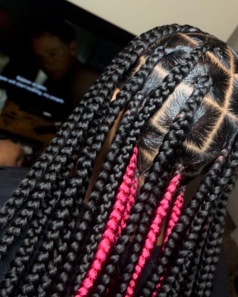 Big Braids With Color, Jumbo Box Braids Peekaboo, Large Knotless Box Braids Peek A Boo, Large Box Braids Styles With Color, Jumbo Braids Color, Jumbo Peekaboo Braids, Jumbo Knotless Box Braids Peekaboo, Peekaboo Jumbo Knotless Braids, Pink Jumbo Knotless Box Braids