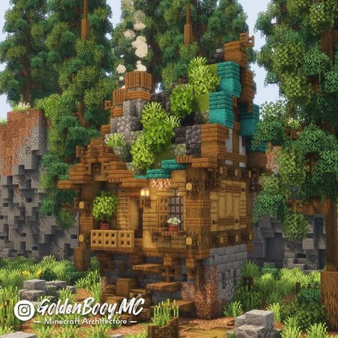 Minecraft House Cliffside, Forest Home Minecraft, Cabin In The Woods Minecraft, Minecraft Spruce Forest House, Minecraft Moss Cottage, Forest Cottage Minecraft, Forest Minecraft House, Moss House Minecraft, Minecraft Forest Ideas