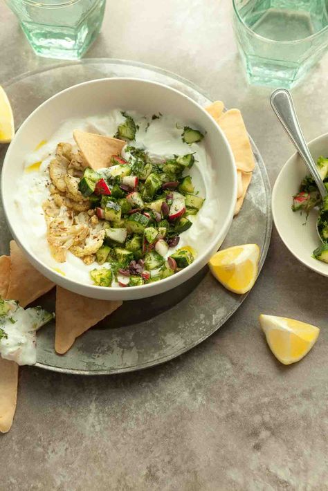 A savory yogurt bowl topped with an herby chopped cucumber and radish salad and lemony garlic roasted cauliflower makes for a creamy and cooling lunch. Savory Greek Yogurt, Savory Yogurt, Yoghurt Recipe, Healty Dinner, Radish Salad, Squash Salad, Greek Yogurt Recipes, Dairy Free Yogurt, Yogurt Bowl