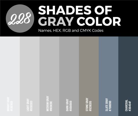 Here comes the definitive guide on all shades of gray colors including their names and hex codes. From light gray to charcoal and every shade in between, this comprehensive list will help you find the perfect shade for your project. Grey Color Names, Shades Of Gray Color, Shades Of Grey Paint, Birth Colors, Shingle Colors, Grey Paint, Rustic Colors, 50 Shades Of Grey, Color Shades