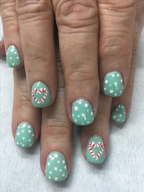 Christmas nails, Mint with Polka Dots and Hand Painted Candy Cane Hearts Mint Christmas Nails, Mint Green Christmas Nails, Christmas Nails Candy Cane, Peppermint Nails, Nails Candy Cane, Polka Dot Nail Art Designs, Christmas Tree Nail Designs, Dot Nail Art Designs, Candy Cane Heart