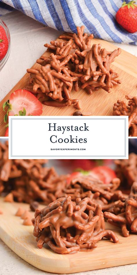 These EASY Haystack Cookies are a luscious mixture of sweet chocolate, butterscotch, and peanut butter with crunchy chow mein noodles! Peanut Butter Haystacks Recipe, Haystack Cookies, Haystacks Recipe, Banana Cookie Recipe, Amazing Cookie Recipes, Healthy Snacks To Make, Chow Mein Noodles, Cookie Recipes Unique, Peanut Recipes