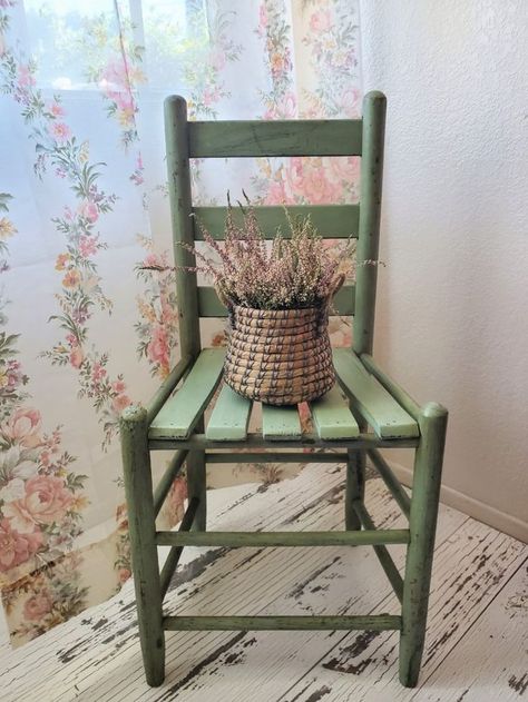 Sage Green Chair, Wooden Chair Makeover, Teacher Chairs, Old Wooden Chairs, Sage Green Paint, Sage Green Kitchen, Painted Dining Chairs, Classroom Makeover, Garden Tool Shed