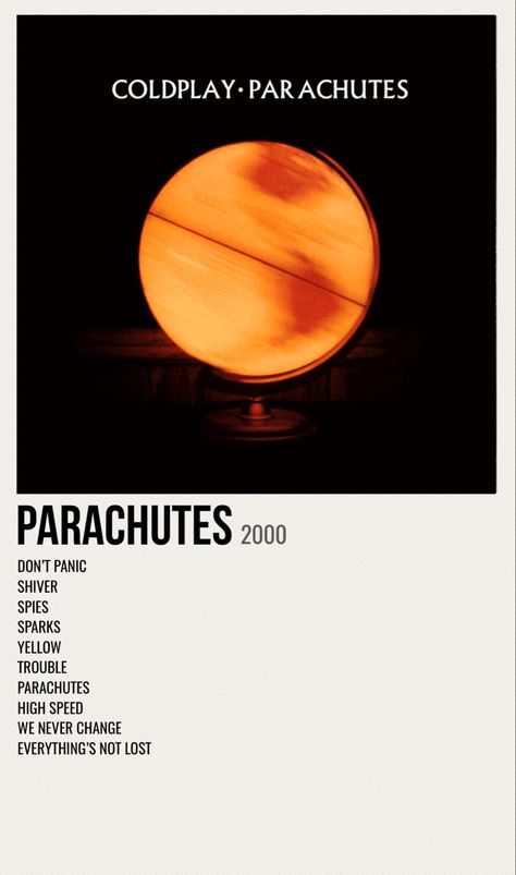 minimal poster of the album parachutes by coldplay Coldplay Parachutes Poster, Coldplay Album Poster, Album Covers Coldplay, Sparks Coldplay Poster, Coldplay Parachutes Wallpaper, Coldplay Parachutes Tattoo, Cold Play Poster, Coldplay Poster Aesthetic, Coldplay Room Decor