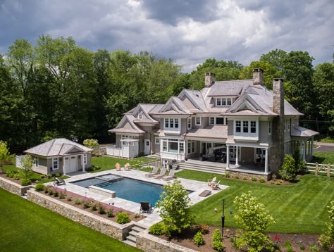 Big Houses With Pools, Staircase Wainscoting, New Canaan Connecticut, Dream Backyard Pool, Mansion Exterior, House Backyard, Dream Life House, New Canaan, House Exterior Design