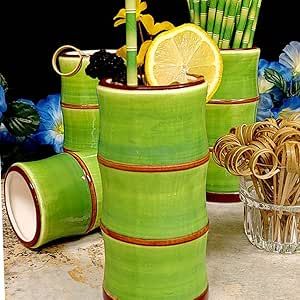 BARCONIC Tiki Mug Drinkware Set of 4 - Green Bamboo Mermaid Bowl, Bamboo Home, Drinkware Set, Tiki Man, Ceramic Pineapple, Tiki Mugs, Bamboo Cups, Bamboo Stalks, Tiki Lounge