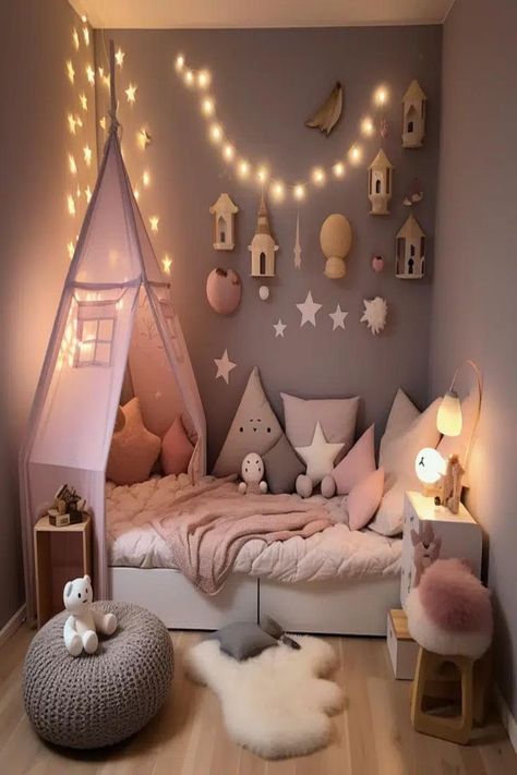 Soft Lighting in Toddler Girl's Bedroom Small Girls Room Ideas, Kids Bedroom Ideas For Girls Toddler, Small Toddler Rooms, Pink Toddler Rooms, Bedroom Ideas For Kids, Toddler Girl Bedroom, Bedroom For Girls Kids, Hiasan Bilik Tidur, Toddler Room Ideas