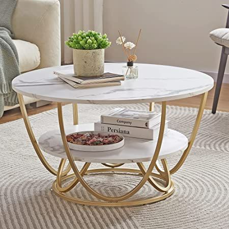 Amazon.com: Elephance Round Coffee Table, 31.5 Inch Modern Coffee Table for Living Room, White and Gold Coffee Table with Storage, Wooden Tabletop-Marble White Print with Gold Frame : Home & Kitchen Round Gold Coffee Table, Friends Furniture, Centre Table Design, Circle Coffee Tables, Marble Round Coffee Table, Brown Coffee Table, Round Coffee Table Modern, Coffee Table For Living Room, Multipurpose Table