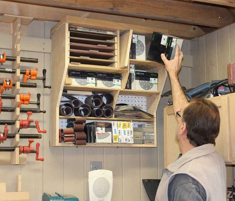 Sand paper storage idea Sand Paper Storage Ideas, Sand Paper Storage, Sandpaper Storage, Sander Organizer, Organize Sandpaper, Workshop Sandpaper Storage, Storage Closet Shelving, Ikea Apartments, Diy Storage Rack