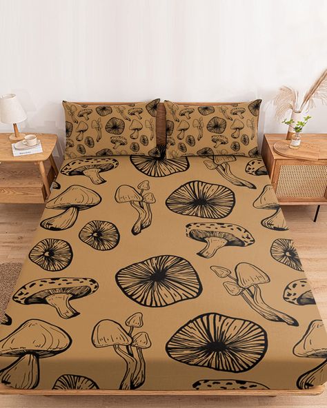 Mushroom Bedding Set, Mushroom Bed Sheets, Mushroom Themed Room, Cottagecore Apartment Decor, Studio Ghibli Bedroom, Bug Bedroom, Vintage Cottagecore Bedroom, Mushroom Bedroom Decor, Dark Earthy Bedroom