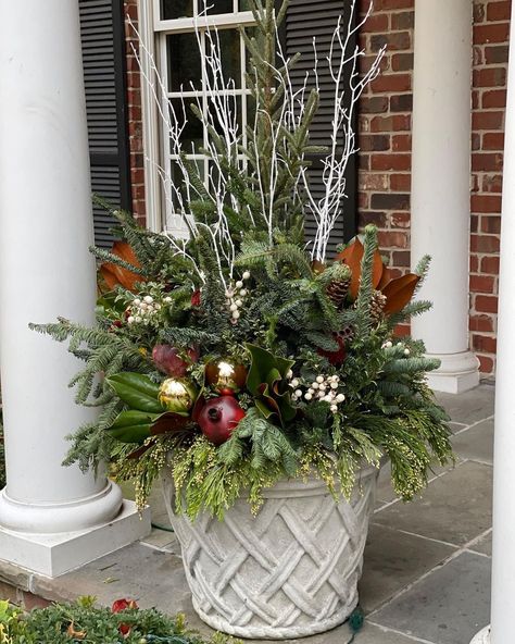 Winter Urns Outdoor Planters, Winter Urns, Porch Pots, Outdoor Christmas Planters, Winter Planter, Container Ideas, Christmas Planters, Xmas Decor, Window Box