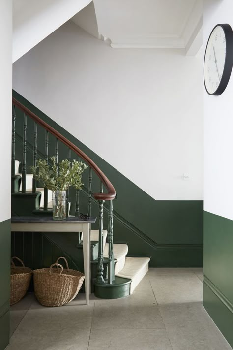 Half Painted Walls, Hall Stairs And Landing, House Hallway, Hall And Stairs, Painted Staircases, Hallway Landing, Hallway Colours, Narrow Rooms, Stairs Landing