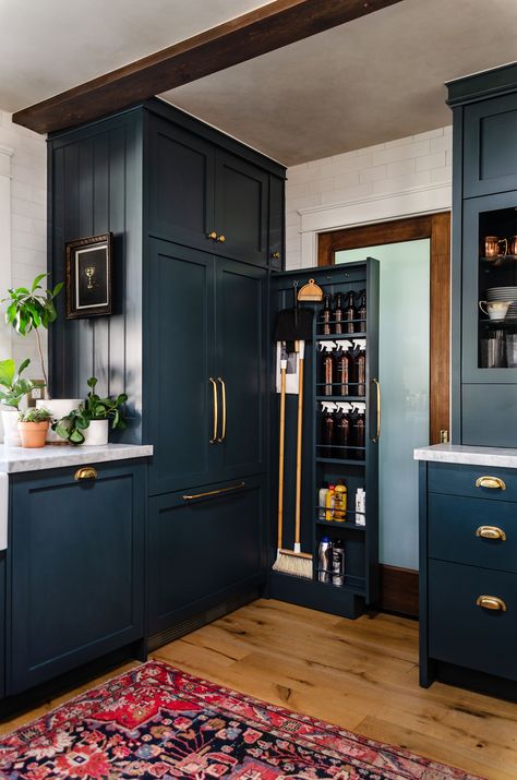 Home Tour // A 1960's California Ranch-Style Home Gets A New Lease on Life — The Grit and Polish Black And Gold Kitchen Ideas, Dark Blue Cabinets, Semi Custom Cabinets, White Interiors, Diy Kitchen Renovation, Painted Kitchen, Blue Cabinets, Ikea Cabinets, Shaker Kitchen