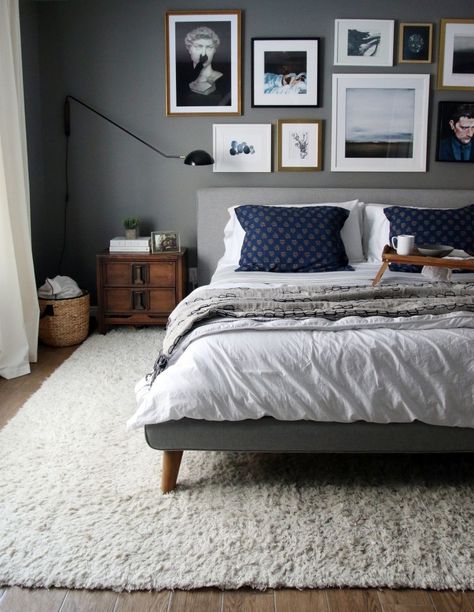 I like the mix of frames here. The Good, The Bad, Would We Do It Again? Hiasan Bilik Tidur, Masculine Bedroom, Bed Platform, Small Bedrooms, Mens Bedroom, Lexington Kentucky, Gray Bedroom, Remodel Bedroom, Decor Minimalist