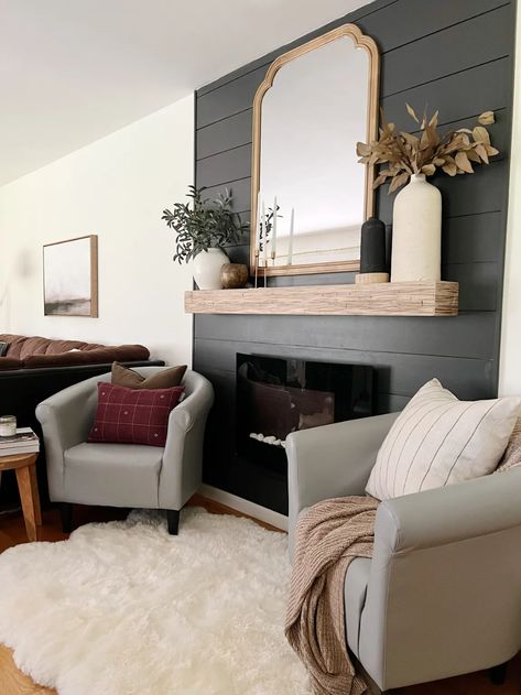 Fireplace With Wallpaper Accent Walls, Shiplap Mantle Decor, Update Shiplap Wall, Easy Diy Shiplap Fireplace, Accent Wall Mantle, Dark Gray Shiplap Fireplace, Shiplap Fireplace Paint Color, Easy Fireplace Diy, Navy Shiplap Fireplace