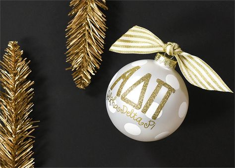 Show your Alpha Delta Pi spirit with this beautiful ornament. The white ornament features the ADPi logo in gold glitter with the words “Alpha Delta Pi” in gold. White polka dots and a coordinating white and gold ribbon are also featured on the ornament. The back is blank which makes a perfect area for personalization. (Colors and wording are heat fixed and can not be changed.) Looking for a gift for a recent ADPi graduate, a new pledge, an alum? Make someone’s day (or even your own) with t... Sorority Christmas, Sorority Ornaments, Sorority Ideas, Heart Christmas, Christmas Event, Sorority Crafts, Big Little Reveal, Alpha Delta Pi, Greek Sorority