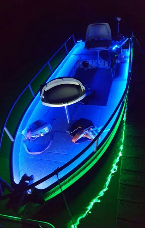 Amazing custom jon boat with lights John Boat To Bass Boat, Custom Jon Boat Ideas, Boat Lights Ideas, Fishing Boat Upgrades, John Boat Ideas Projects, Small Boat Ideas, John Boat Ideas, John Boat Modifications, Boat Lighting Ideas