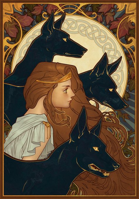 Art Nouveau Pose Reference, Persephone Art Nouveau, Alphonse Mucha Inspired Art, Art Nouveau Fanart, Art Nouveau Character Design, Art Nouveau Halloween, Art Nouveau Horse, Art Nouveau Animals Illustration, Art Nouveau Witch