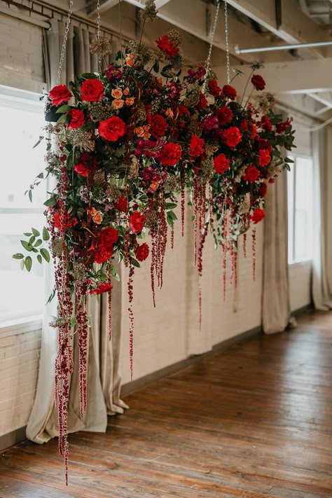 Fall Wedding Backdrop | The Floral Eclectic Floral installations are a great way to add a focal point to your wedding ceremony or wedding reception decor. If you’re looking for a unique showstopping floral installation for your fall wedding, check out the blog to check out Hannah + Dustyn’s fall floral arrangements! Unique Backdrop Ideas, Fall Ceremony Arch, Jewel Tone Fall Wedding, Red Wedding Arch, Mexican Inspired Wedding, Fall Wedding Ceremony, Floral Arch Wedding, Wedding Color Pallet, Orange Wedding Flowers