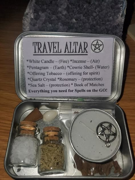 Travel Altar in hinged metal tin! Everything you need, in a cute, little, discreet container! You never know when you'll need it ;)   This TRAVEL ALTAR KIT comes complete with the following ingredients: *White Tea light (fire) *Incense cone (air) *Cowrie Shell (water) *Pentacle charm (earth) *Jar of Sea Salt *Jar of Rosemary. Rosemary is a multi-purpose herb, good for so many things - from healing, to protection, to memory and love, and so much more.  *Quartz Crystal - to generate and amplify *Bag of Offering Tobacco - to leave for spirit, deities, ancestors, etc. *Book of matches Great little kit to have on the go or as a travel altar. Also makes a great gift for the witch in your life! Metal tins are black or silver. Witch box contents are handcrafted with varying materials - meaning ove Witch Altar Box Diy, Altar Box Ideas, Altoid Tin Altar, Travel Altar Ideas, Travel Altar Witchcraft, Altar Setup Witchcraft, Witch Shop Aesthetic, Witch Altar Inspiration, Moon Alter