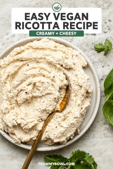 Made with only 7 plant-based ingredients, this Vegan Ricotta Recipe is easy, healthy, and delicious! Perfect for Lasagna, Stuffed Shells, and more. Dairy Free Stuffed Shells, Vegan Ricotta Cheese, Lasagna Stuffed Shells, Ricotta Cheese Recipe, Vegan Cream Cheese Recipe, Vegan Stuffed Shells, Brownies Cheesecake, Ricotta Recipe, Ricotta Cheese Recipes