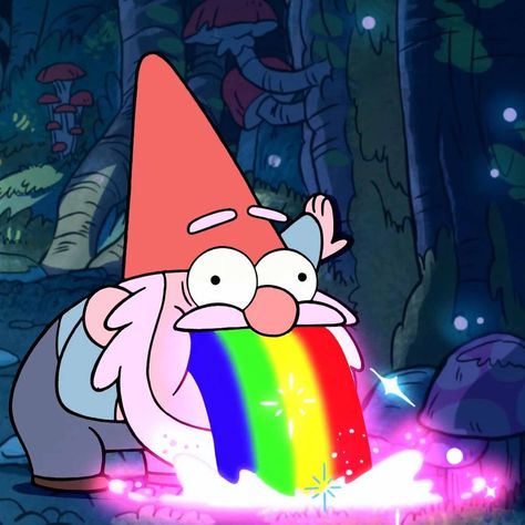 Gnome throwing up a rainbow! Gravity Falls, Cartoon Character, Gravity, Rainbow