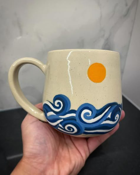 Men’s Pottery Painting, Wave Pottery Painting, Ocean Mug Ceramics, Ceramic Art Ocean, Pottery Painting Waves, Pottery Mug Designs Painted, Pottery Painting Gift Ideas, Sun Pottery Painting, Cool Pottery Designs