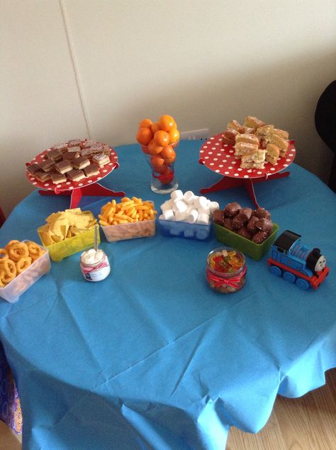 Snack table #thomas #tank #engine #party Thomas The Tank Engine Party Food, All Engines Go Party, Thomas The Tank Engine Birthday Party, Train Themed Snacks, Thomas Tank Engine Party, Train Birthday Party Food, Thomas The Tank Engine Party, Thomas Train Birthday, Party Food Table