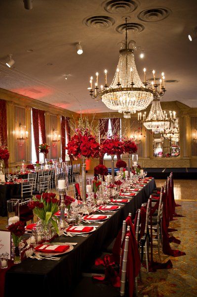 Modern Black Red Silver Ballroom Centerpieces Indoor Reception Place Settings Tablescape Texas Winter Wedding Reception Photos & Pictures - WeddingWire.com Black And Red Table Decor, Short Floral Centerpieces, Red And Black Decorations Party, Black And Red Table Setting, Black And Red Decor Party Ideas, Red And Silver Wedding, Red Silver Wedding, Cheesecloth Runner, Dyed Cheesecloth