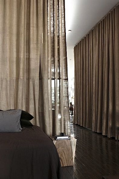 curtains from burlap     Scott Newkirk Brklyn house 2 Hospital Curtains, Floor To Ceiling Curtains, Curtain Divider, Curtain Room Divider, Ceiling Curtains, Burlap Curtains, Bedroom Curtains, Curtain Room, Diy Curtains