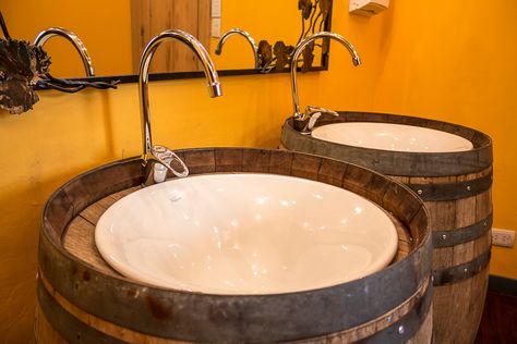 Do-It-Yourself: Wine Barrel Sinks | Don Miguel Gascón Diy Wine Barrel, Wine Barrel Sink, Diy Whiskey Barrel, Modern Kitchen Design Trends, Diy Whiskey, Whiskey Barrel Sink, Barrel Sink, Luxury Bathroom Tiles, Diy Bathroom Vanity