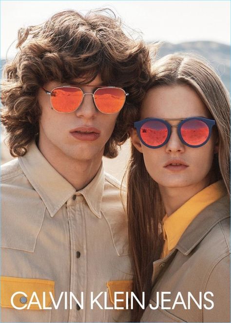 Models Fernando Albaladejo and Lulu Tenney rock sunglasses for Calvin Klein Jeans' spring-summer 2018 campaign. Calvin Klein Jeans Photoshoot, Jeans Photoshoot, Calvin Klein Glasses, Lachlan Bailey, Retro Photoshoot, Spring Sunglasses, American Brand, Sunglasses Men, Raf Simons