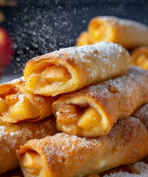 This recipe was everything! Everyone ate 3 of these rolls! Apple Pie Egg Rolls Recipe, Apple Pie Egg Rolls, Apple Rolls, Egg Roll Ingredients, American Apple Pie, Egg Rolls Recipe, Traditional Apple Pie, Grandma Cooking, Fried Pies