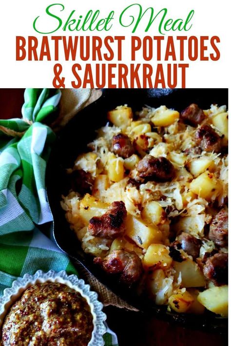 Bratwurst Potatoes and Sauerkraut Skillet Meal is a delicious quick and easy family meal. This one skillet dinner is perfect for those busy days and takes about half an hour to prepare. A great recipe for your Oktoberfest celebration at home. #bratwurst #sauerkraut #friedpotatoes #skilletmeals #bratsandkraut #Oktoberfest #easyrecipes #familydinnerideas #southernfood #southernrecipes #germanfood #sausageandpotatoes #juliassimplysouthern Bratwurst Cabbage Recipes, Impossible Bratwurst Recipes, Bratwurst Bites Recipes, Kielbasa Sourkrout And Potatoes, Food With Sauerkraut, Chicken Bratwurst Meals, Bratwurst Sauerkraut Recipes, Brats And Sauerkraut Skillet, Sauerkraut And Bratwurst