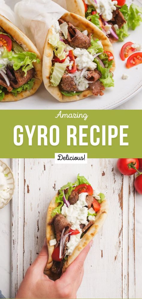 Diy Gyro Meat, Ground Beef Gyro Recipe, Lamb Pita Recipes, Gyro Wrap Recipe, Gyro Platter Recipe, Authentic Gyro Meat Recipe, Easy Gyro Recipe, Ground Beef Gyros Recipe, Beef Gyro Recipe