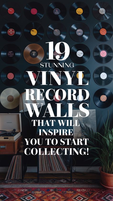 19 Jaw-Dropping Vinyl Record Walls That'll Make You Want to Start Collecting! (You’ll Love #10!) Record Accent Wall, Framed Records On Wall, Displaying Records Vinyl, Hanging Vinyl Records On Wall, Vinyl Setup Ideas, Record Wall Ideas, Music Wall Art Ideas, Vinyl Records On Wall, Decorating With Vinyl Records