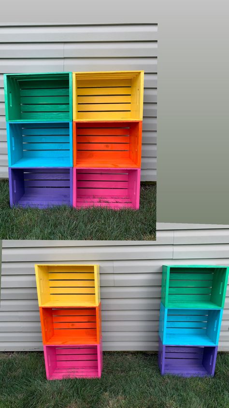 Classroom Diy Furniture, Diy Classroom Bookshelf, Diy Crate Storage, Classroom Storage Ideas, Sensory Kids Room, Rainbow Shelves, Colorful Classroom Decor, Classroom Shelves, Diy Classroom Furniture