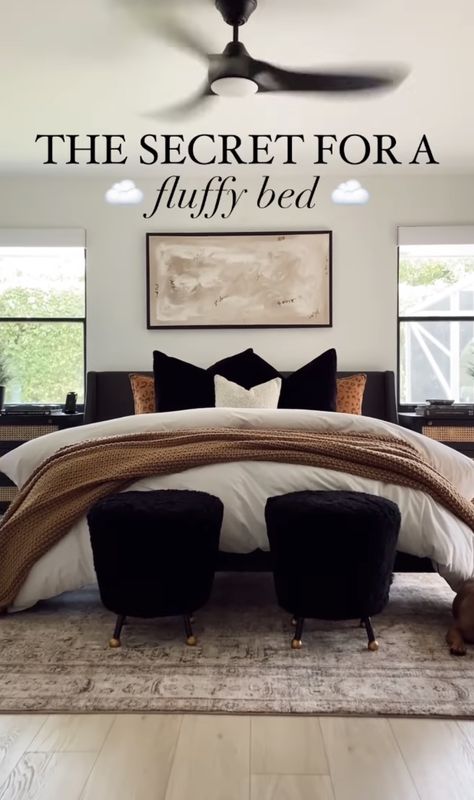 Dark Beige Bed Frame, Black White Bronze Bedroom, Neutral Bedroom Decor Black Accent, Black White And Beige Bedroom Modern, Black Gold And Brown Bedroom, Cognac Bedroom, Sophisticated Bedroom Women, Black White And Brown Bedroom, Neutral Color Bedroom Ideas