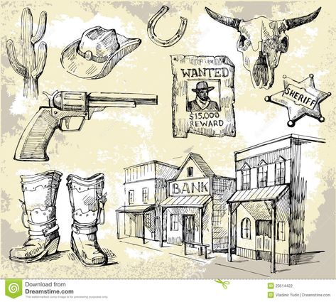 Hand Drawn Wild West Set - Download From Over 48 Million High Quality Stock Photos, Images, Vectors. Sign up for FREE today. Image: 23514422 Old West Decor, Wild West Outlaws, Western Saloon, Bull Painting, Horseshoe Projects, Camping Inspiration, Traditional Tattoo Sleeve, Scene Drawing, Western Artist