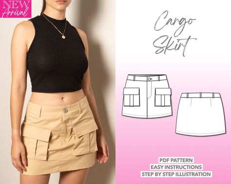 Cargo Skirt Sewing Pattern, Cargo Skirt Pattern, Pocket Skirt Pattern, Mini Skirt Sewing Pattern, Mini Skirt Pattern, Kimono Sleeve Top, Skirt Pattern Free, Women's Sewing Pattern, Skirt Patterns Sewing